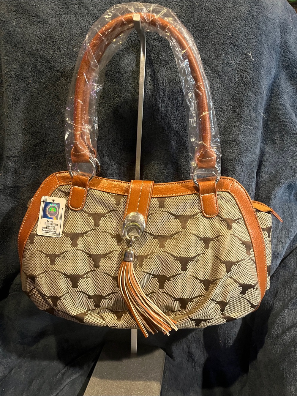 Texas Longhorns Patterned Canvas Shoulder Bag with Tassel Trim